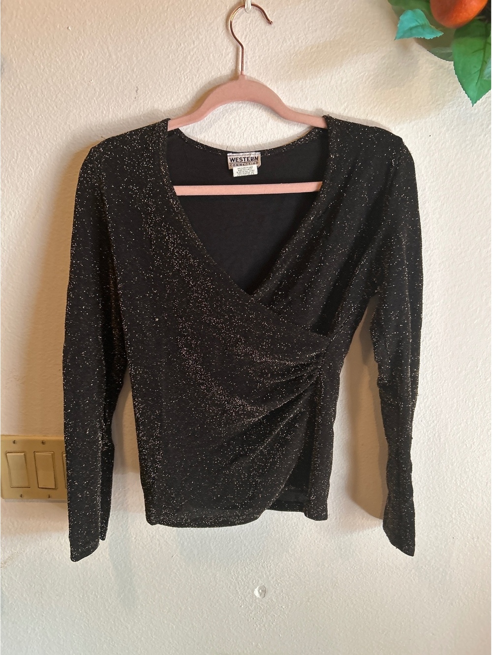 Western Connection Black Sparkle Long Sleeve V-Neck Top Medium